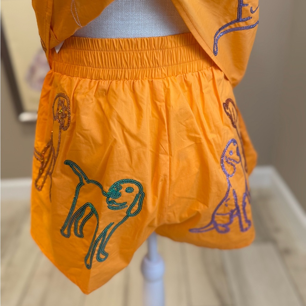 QUEEN OF SPARKLES Orange Sequin Dog Print Shirt and Shorts Set - Picture 7 of 13